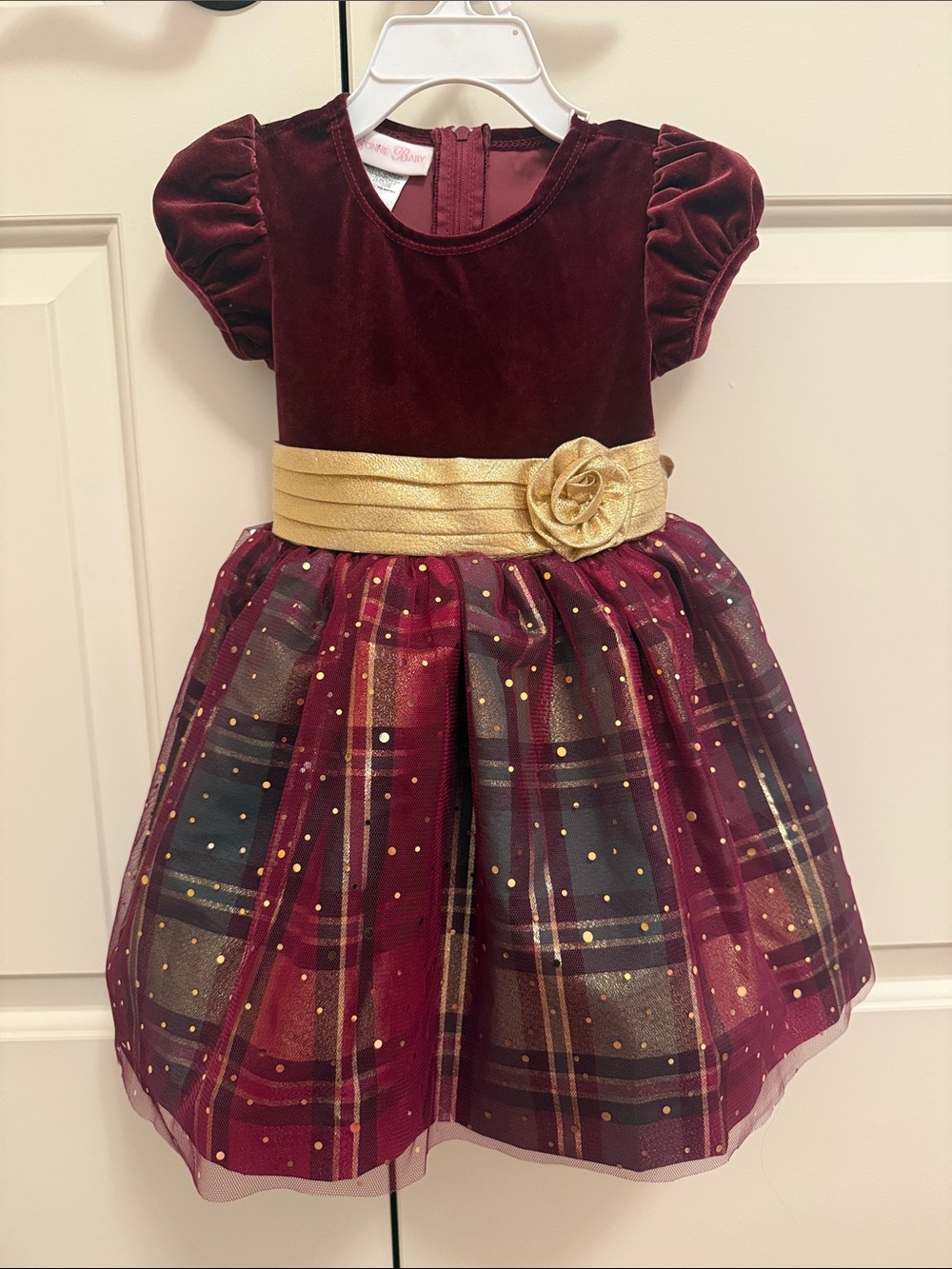 24m Girls Burgundy Velvet & Gold Tulle Holiday Dress - Bonnie Baby